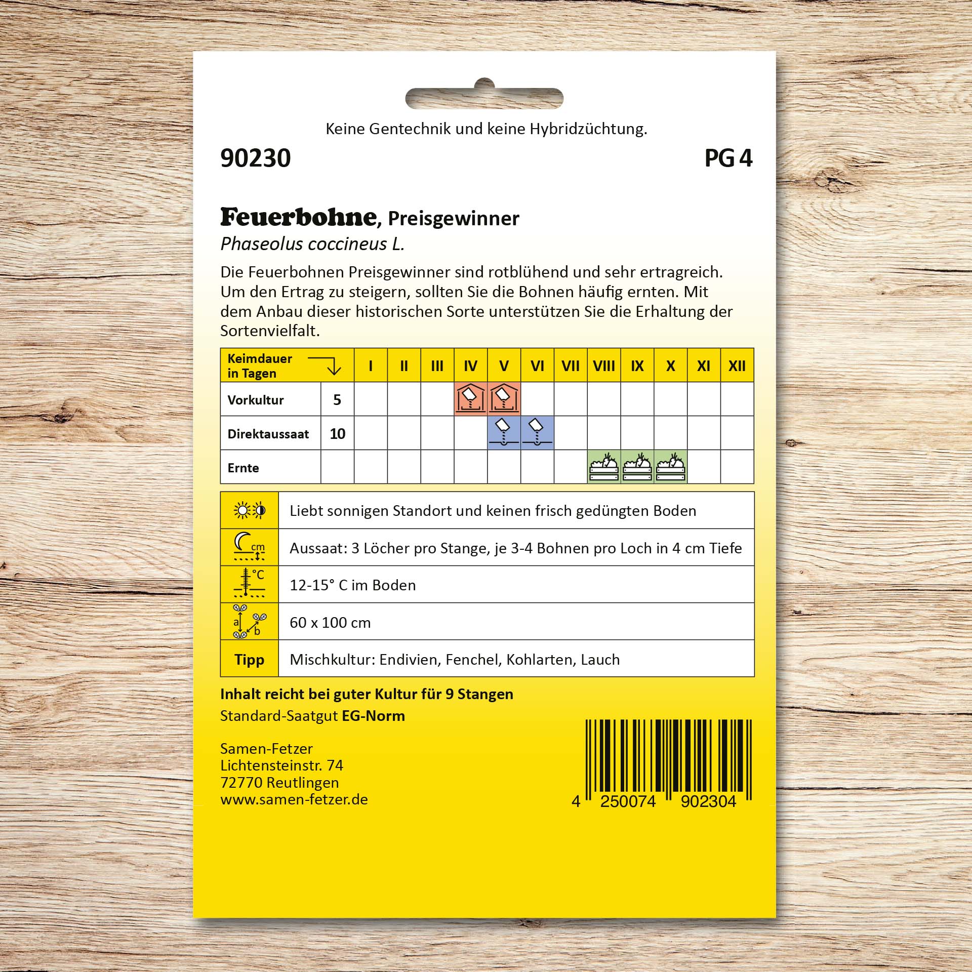 Rückseite der Samenpackung Feuerbohnen Preisgewinner von Samen-Fetzer mit Aussaat-, Pflege- und Erntehinweisen zur ertragreichen, rot blühenden Bohnensorte.