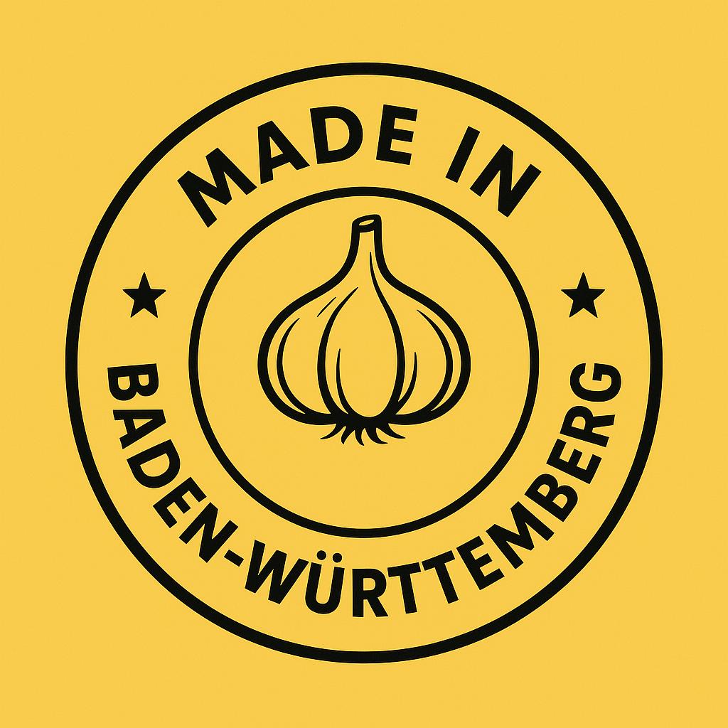 Runder Stempel 'Made in Baden-Württemberg' mit Knoblauch-Illustration und Sternen auf gelbem Hintergrund