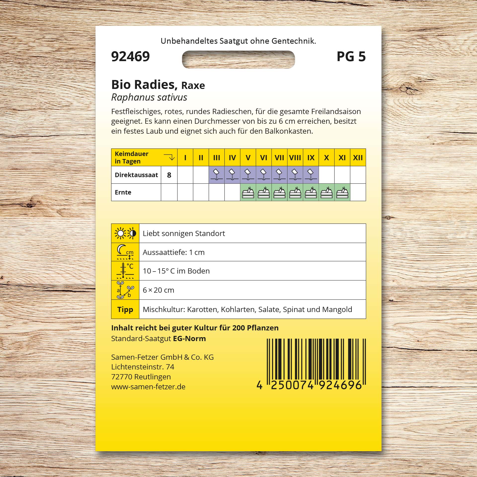 Rückseite der Samen-Fetzer Samentüte für Bio Radies Raxe mit Aussaatkalender, Erntezeit, Standort- und Pflanzhinweisen für festfleischige, rote, runde Radieschen.