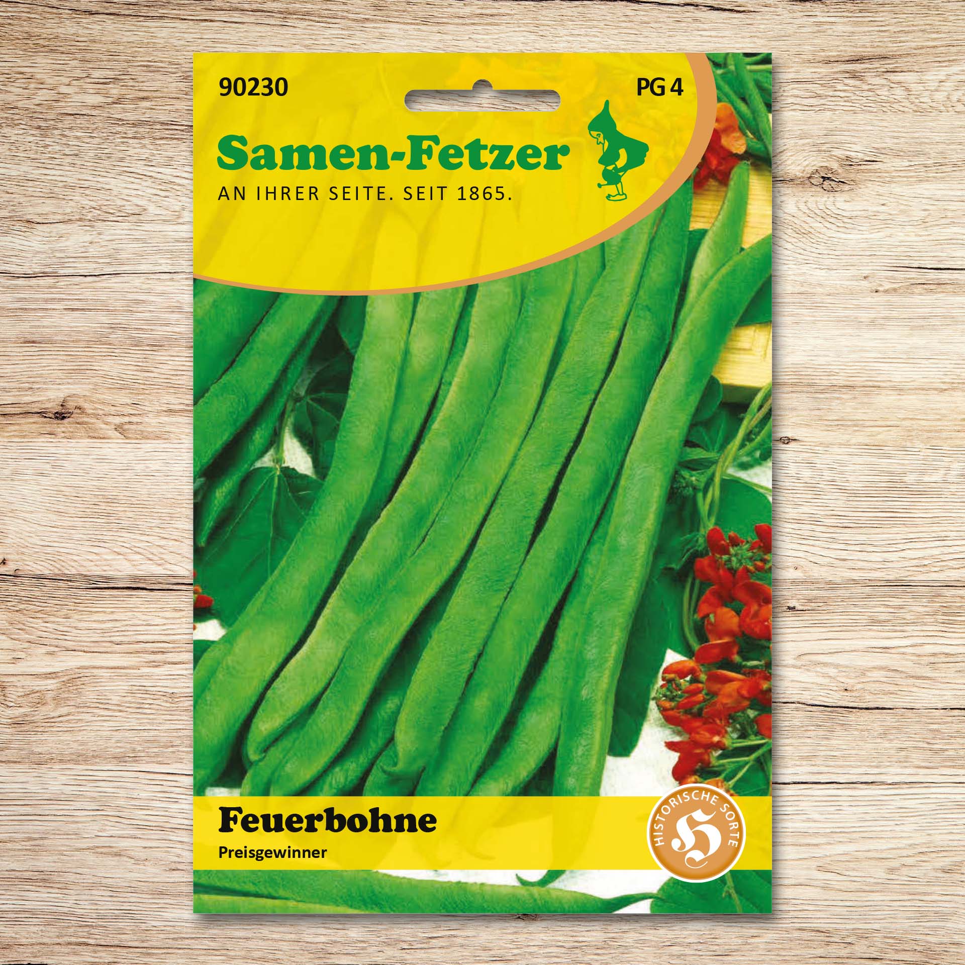 Saatgutpackung Samen-Fetzer Feuerbohnen Preisgewinner mit langen grünen Hülsen und roten Blüten – ertragreiche, rot blühende Bohnensorte in Profi-Qualität
