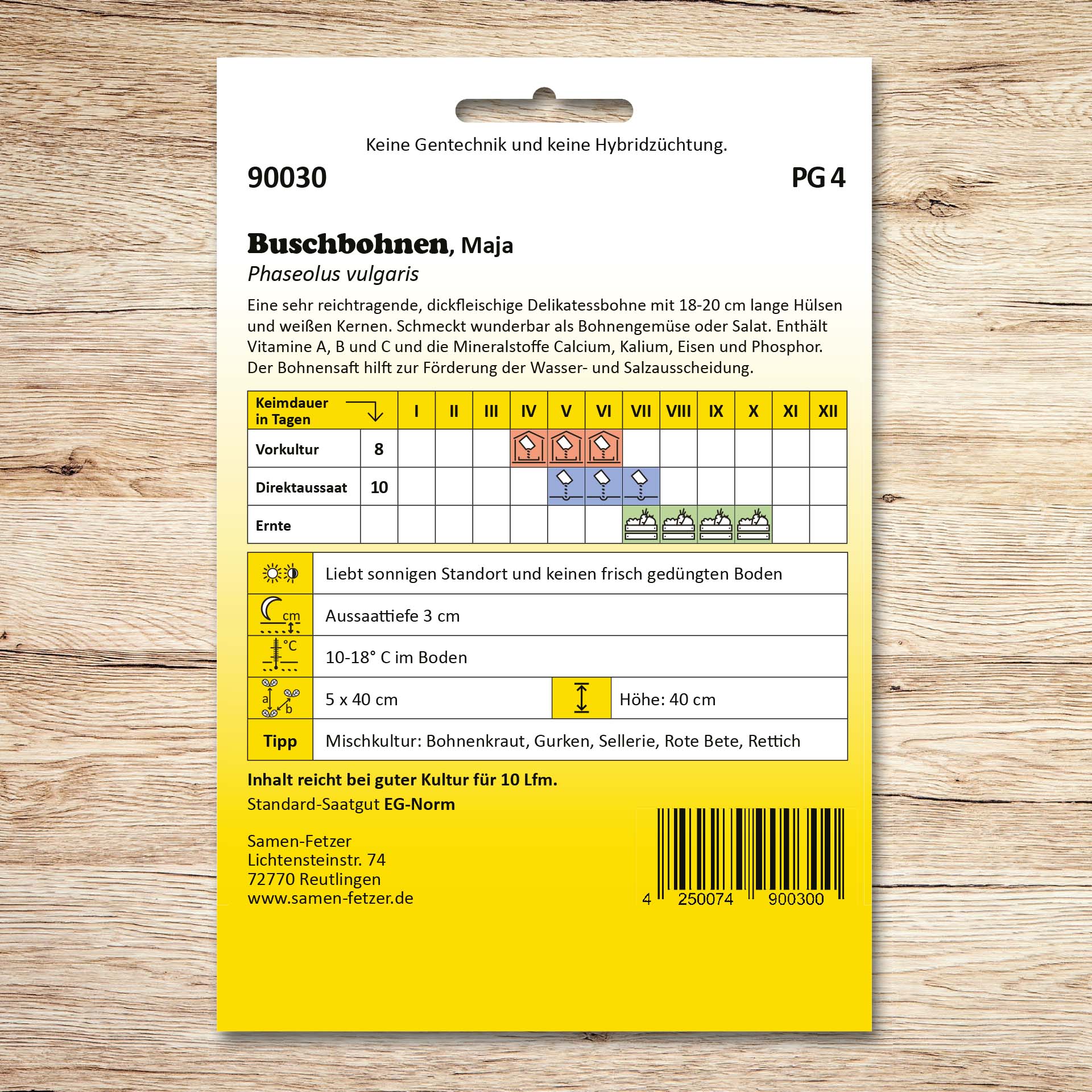 Rückseite der Saatgutpackung Buschbohnen Maja von Samen-Fetzer mit Aussaat- und Erntekalender, fadenloser grüner Delikatessbohne mit 18–20 cm Hülsen
