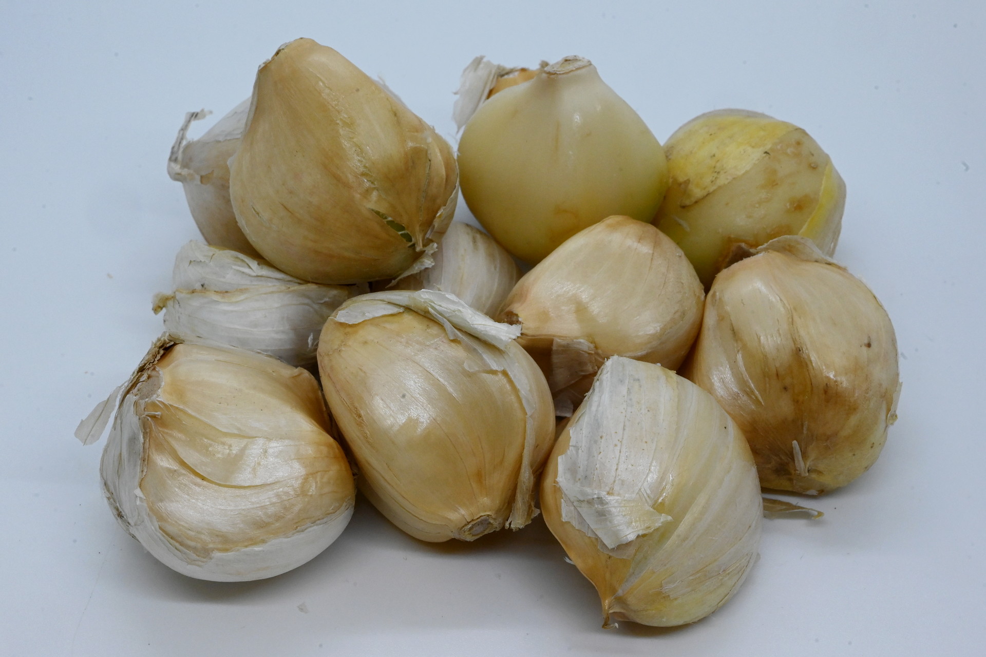 Nahaufnahme von mehreren geschälten und teilweise geschälten Knoblauchzehen mit hellgelber Schale auf weißem Hintergrund
